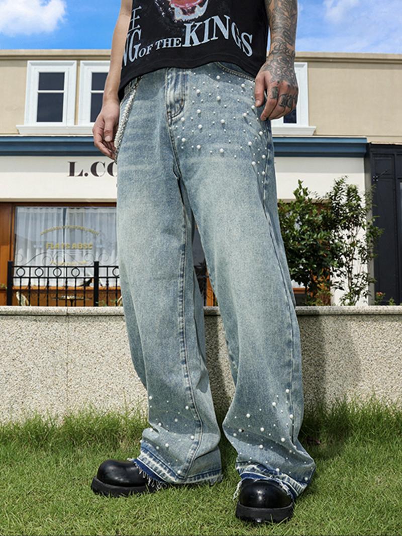 Four-Season Washed Light Blue Handmade Beaded Loose Straight Leg Jeans, Y2K Casual Streetwear, Perfect Gift for Husband or Boyfriend