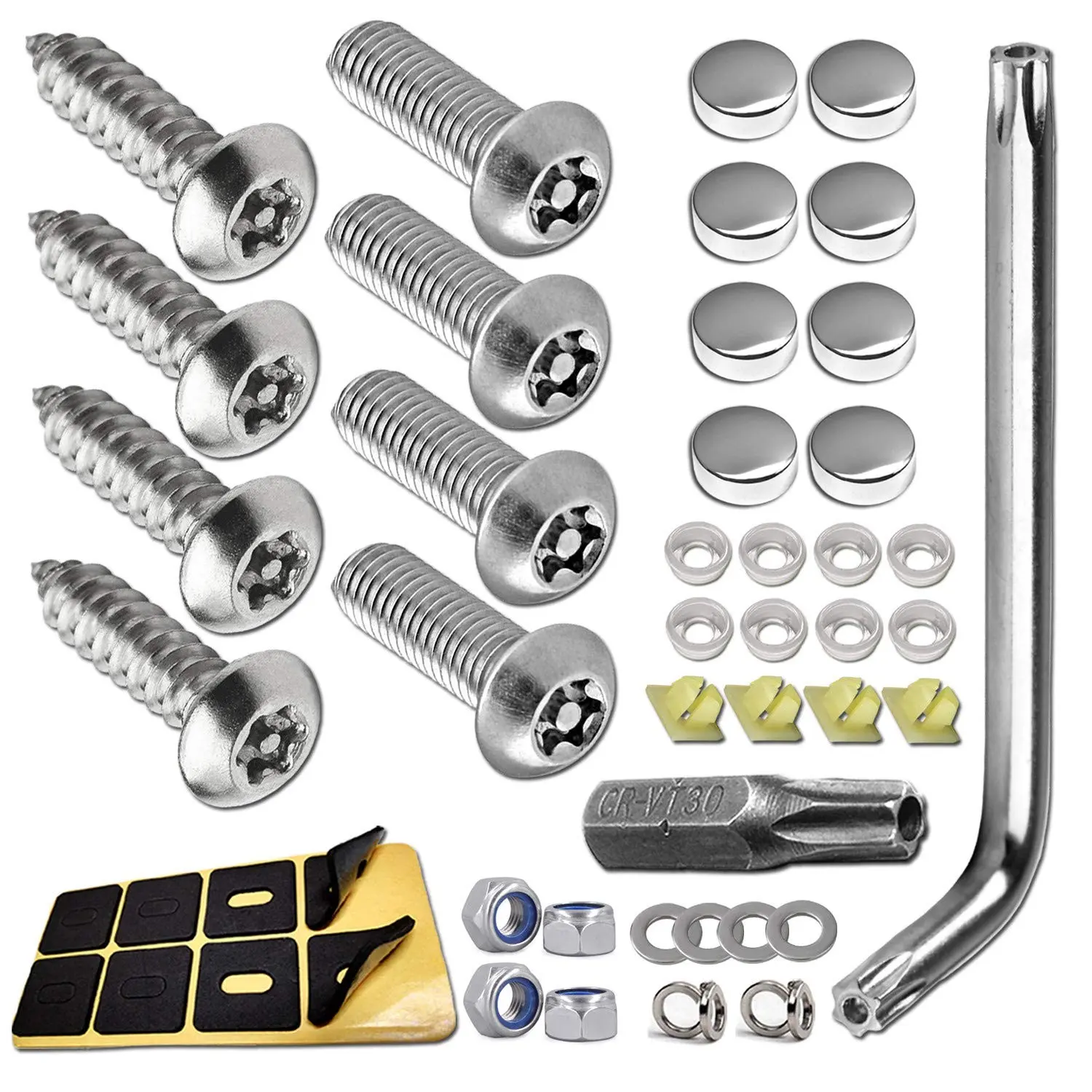Anti Theft License Plate Screws, Stainless Steel Bolts with Chrome Caps, Tamper Resistant Rust Proof 1/4" M6 Security Self-Tapping & Machine Mounting Hardware for Car Tag Frame
