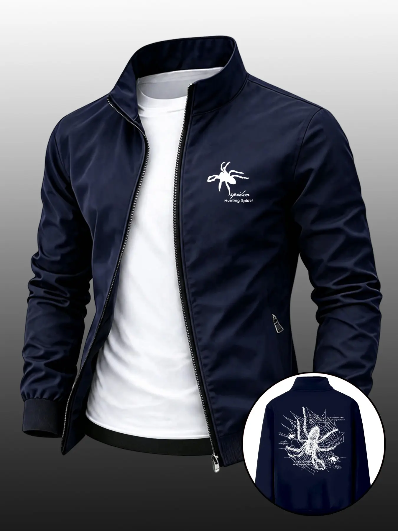 Men's Trendy Spider Print Lapel Sport Outdoor Jacket, Casual Zipper Outerwear, Menswear, Durable Business Style, Perfect Gift, Spring & Fall, Casual Fitted Jackets