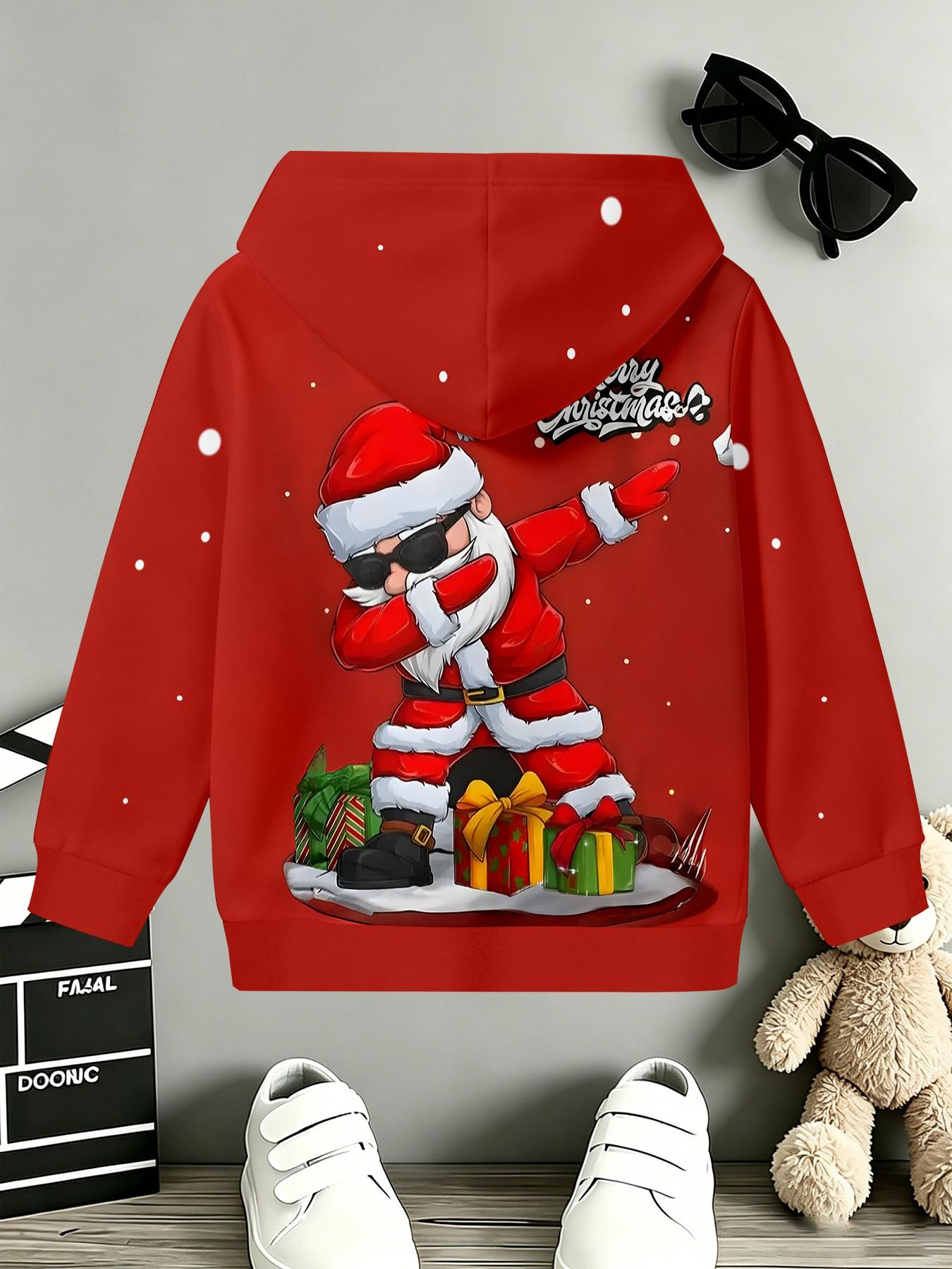 Christmas Santa Hat Hoodie for Boys, Long Sleeve Loose-Fit Casual Top, All over Print, Fall & Winter Festival