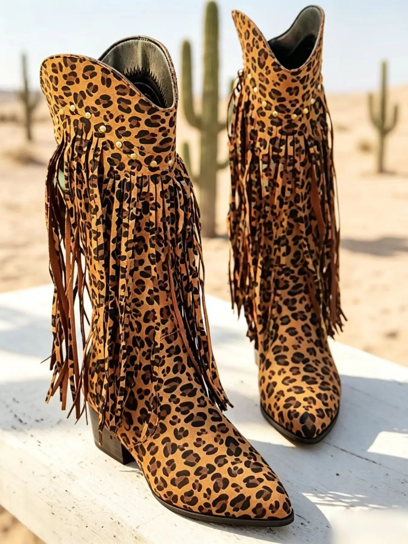 Women's Retro Leopard Print Fringe Western Boots, Footwear, Pointed Toe Thick Heel Mid-Calf, Street Style, All Seasons, Large Size, Music Festival