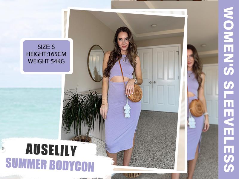 AUSELILY & MISFAY Date Night Dress Women's Ribbed Knit Bodycon Midi Dress Fall Casual Chic Crew Neck Cutout Casual Slit Dress