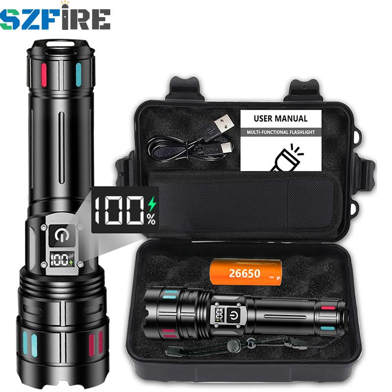 Aluminum Alloy Rechargeable Flashlight, Portable Display Multifunctional 30w Extendable Camping Fishing Night Riding Torch