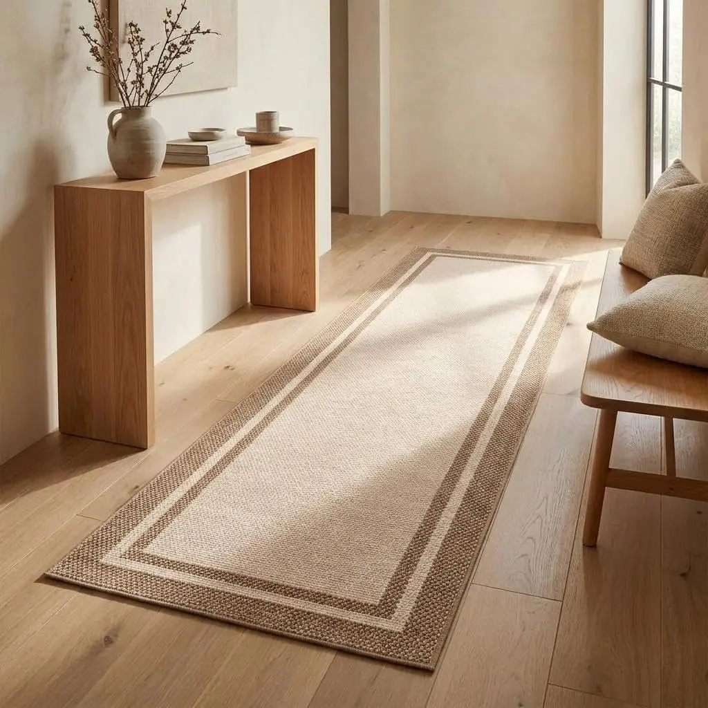 Garvee Washable, non-slip, low pile area rugs and runners with solid or bordered neutral designs, stain resistant, non shedding, suitable for living room, bedroom, kitchen, nursery, hallway, and bathroom in various sizes