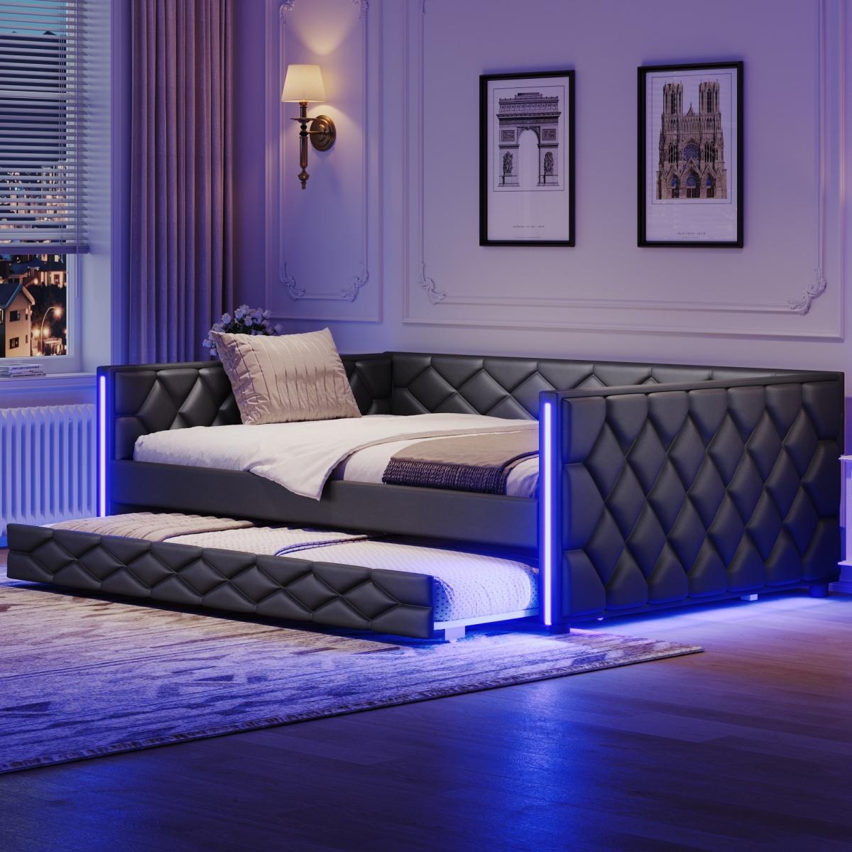 PU Leather Upholstered Daybed with Pull Out Trundle Bed, LED Light Armrests, Multi-Functional Sofa Bed, Solid Wood Frame for Guest Room PU Leather Upholstered Daybed with Pull Out Trundle Bed, LED Light Armrests, Multi-Functional Sofa Bed, Solid Wood Frame for Guest Room