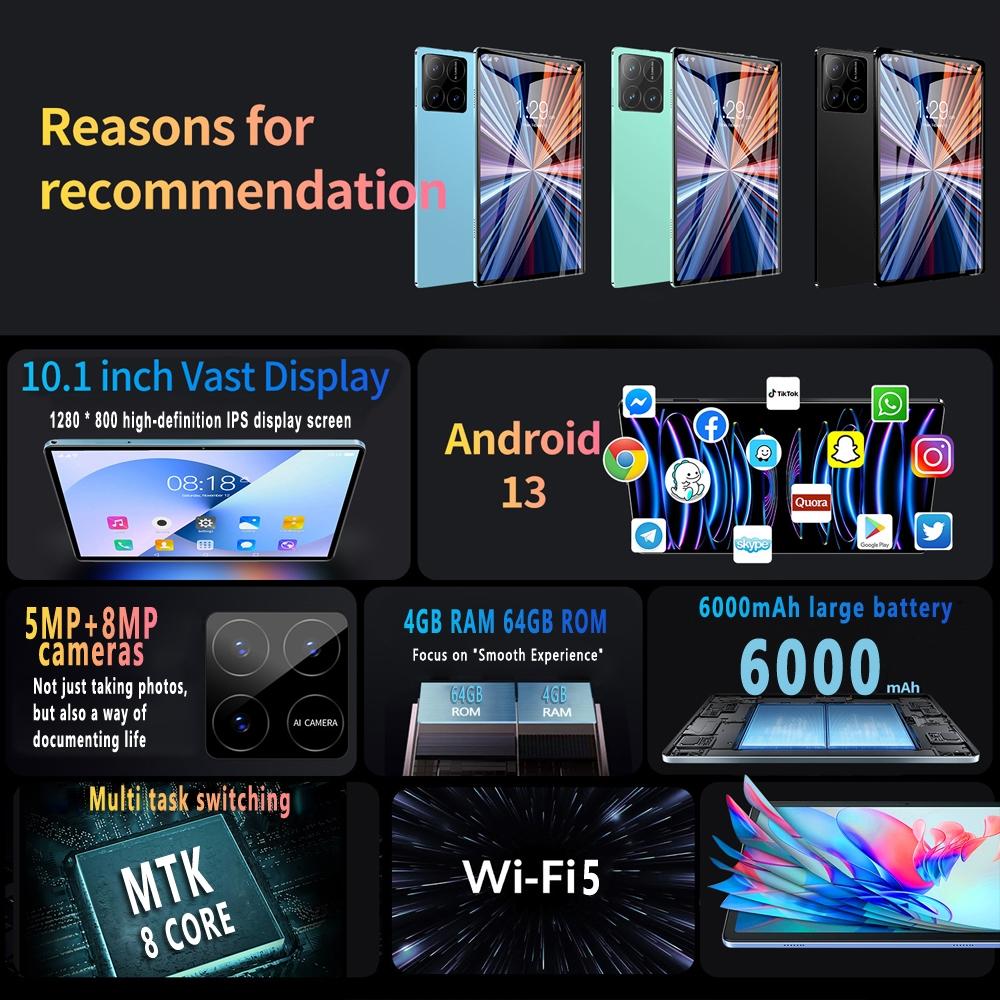 2-in-1, Wireless tablet with calling capabilities, cellular network WIFI function, Bluetooth function, SIM card, TF card, 4GB RAM, 64GB ROM, Android 13 tablet, 10.1-inch tablet accessories: keyboard, leather case, mouse, data cable, manual, OTG