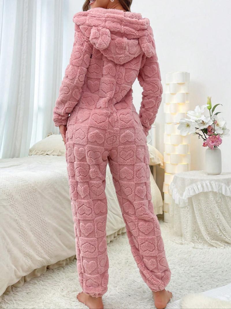 Women's Plush Onesie Pajamas Set, Long Sleeve Hooded Jumpsuit with Ears Design, Autumn Winter Warm Sleepwear for Ladies