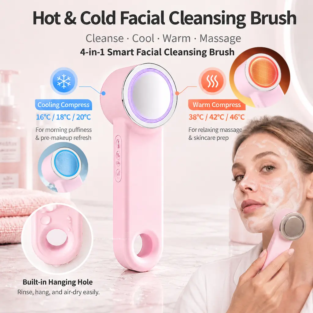 [VEXORIA] 4-in-1 Hot & Cold Smart Facial Cleansing Brush - Silicone Scrubber with EMS Microcurrent, Red & Blue LED Therapy, IPX7 Water Resistant, USB-C Rechargeable, 80-Min Runtime, Daily Shower Safe for Deep Cleanse, Lift & Firm Skin (Pink), Radiant Skin