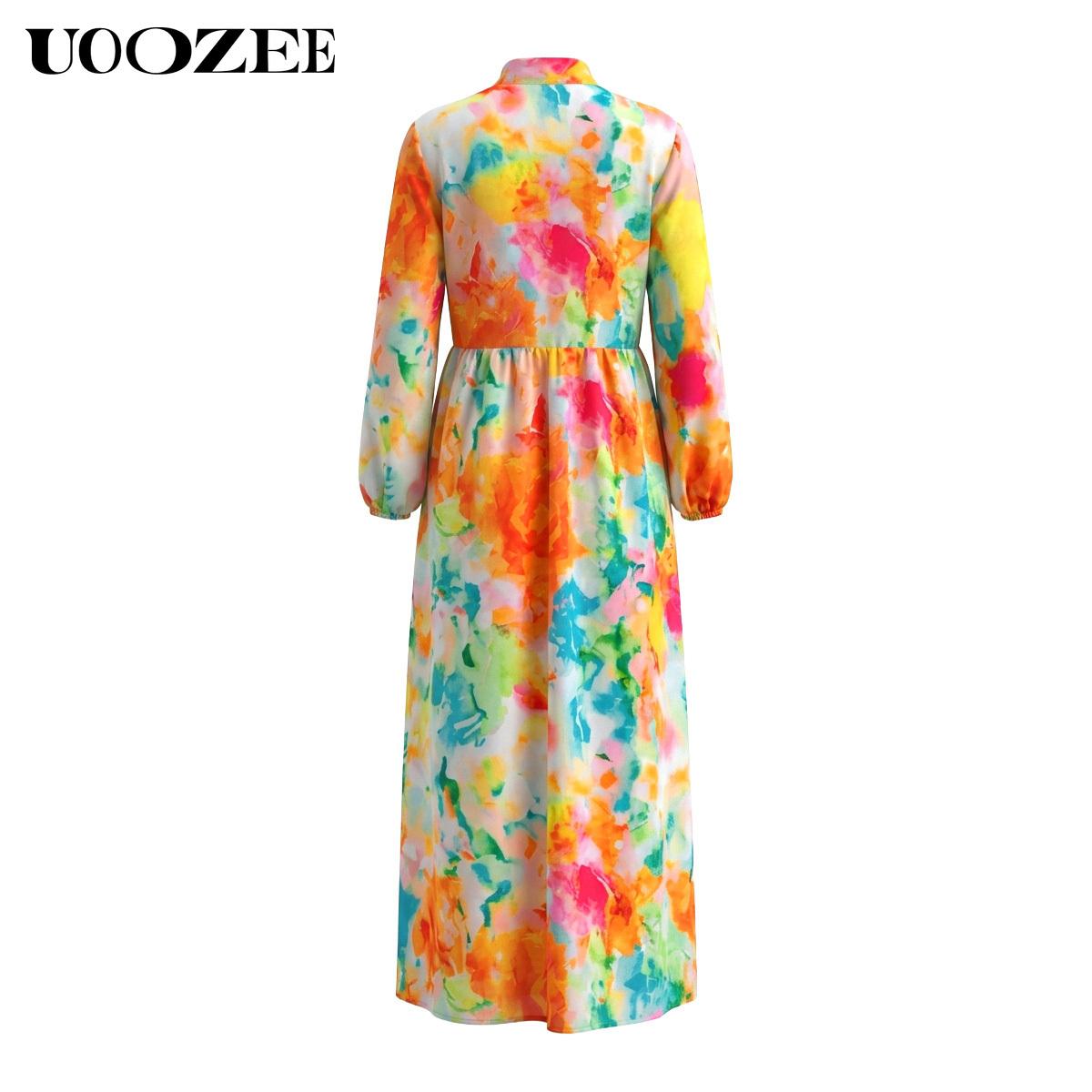 UOOZEE Women's Floral Print Long Sleeve Maxi Dress, Lightweight A-Line Style Polyester Shirt Dress with Pockets for Party, Elegant Dresses For Women