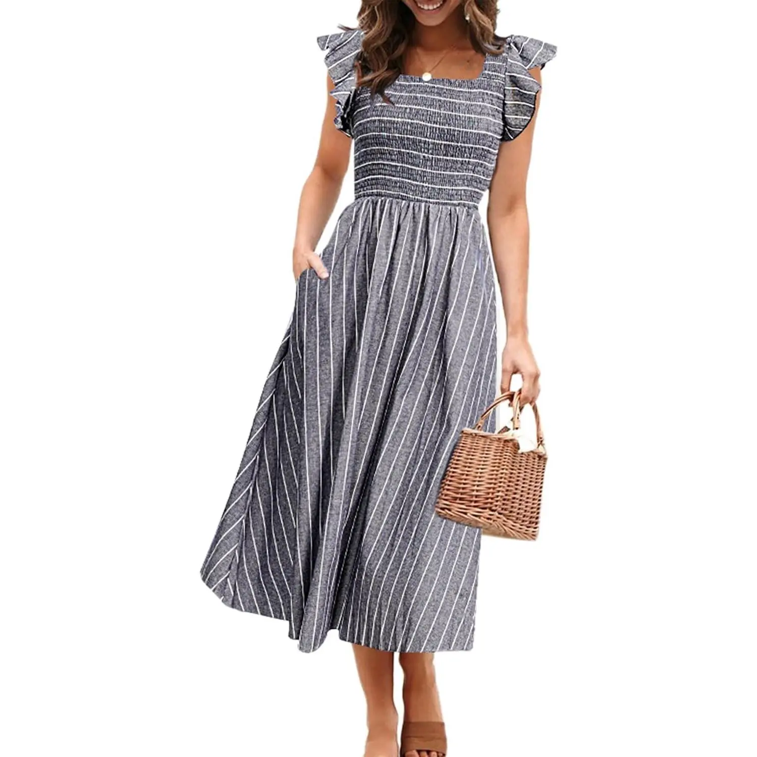 Womens Summer Smocked Midi Dress Casual Flutter Sleeve Long Boho Flowy A Line Church Modest Dresses with Pockets