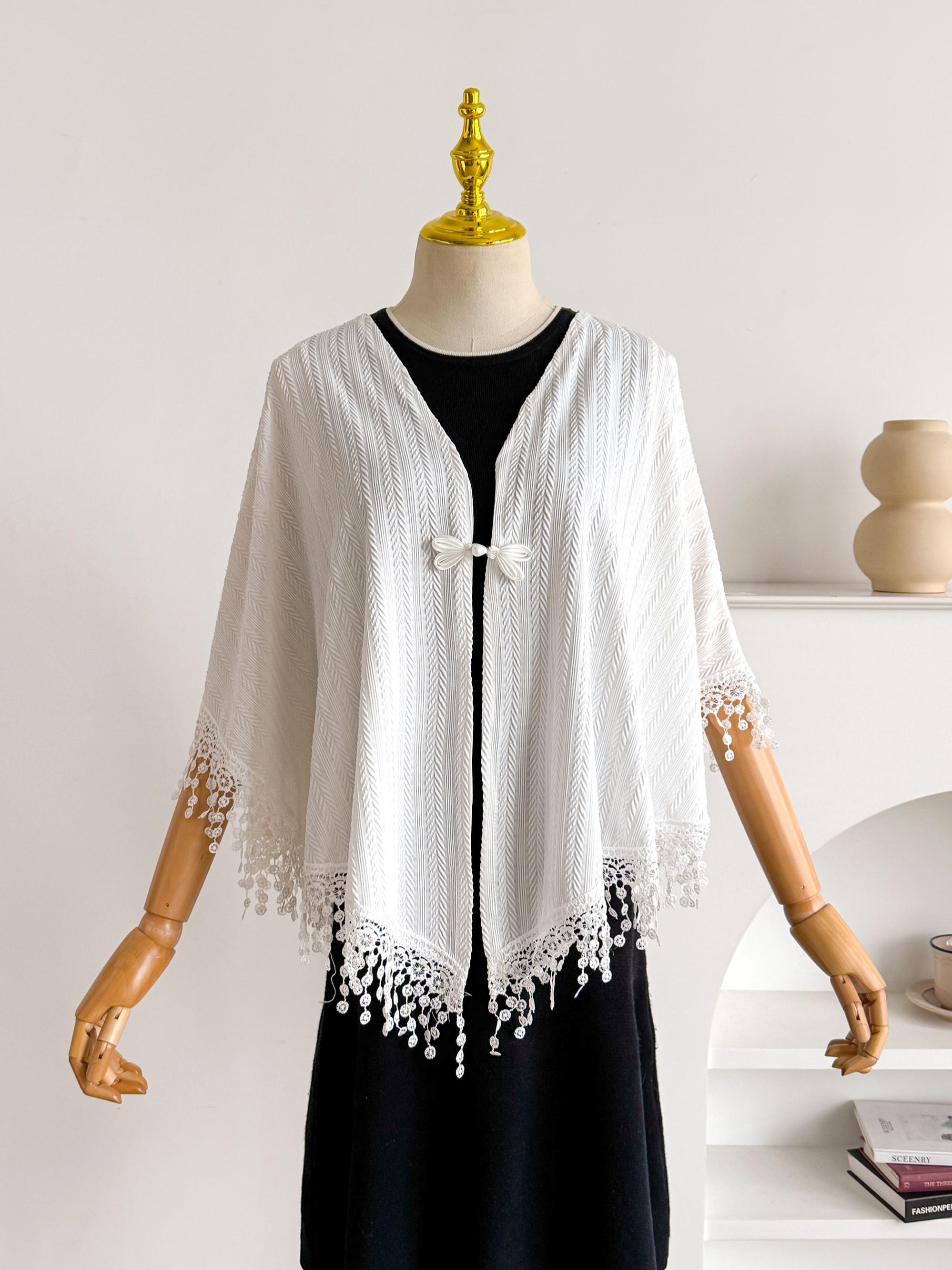 Women's Plain Fashionable Lace Scarf, Comfortable Layered Wear for Casual Formal Occasions, Large Size Sun Protection Shawl, Fringe Trim Shawl