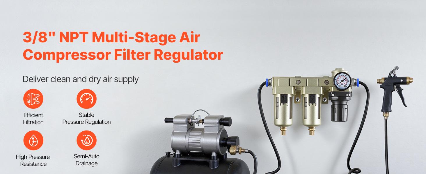 VEVOR Air Compressor Filter Regulator, 3/8 NPT Dual Stage Air-Drying System with 25m+ 5m Brass Filter Element, Semi-Auto Drain Air Compressor Water Separator 145PSI Max Working Pressure, Poly Bowl