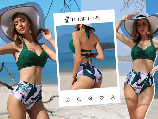 Tempt Me Women Two Piece Vintage Swimsuit Retro Halter Ruched High Waist Bikini Set with Bottom Tummy Control High Cut Leg Bikini Bottom Tempt Me Women Two Piece Vintage Swimsuit Retro Halter Ruched High Waist Bikini Set with Bottom Tummy Control High Cut Leg Bikini Bottom