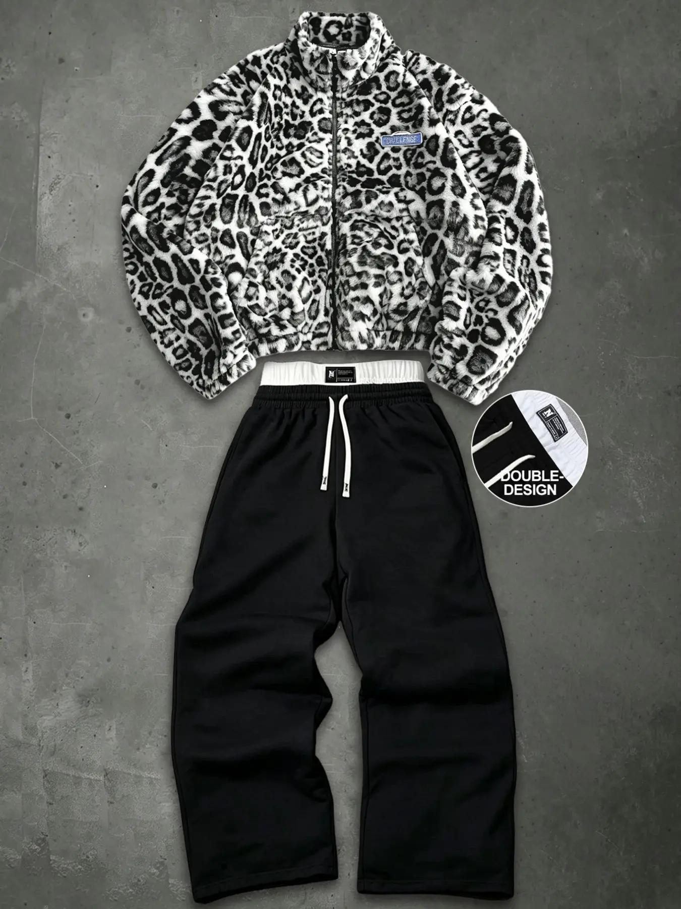Y2K Cropped Leopard Fleece Jacket & Double Waistband Wide Leg Sweatpants Set - Warm Plush Zip Up Coat with Patch & Baggy Tracksuit Bottoms for Fall Winter Streetwear