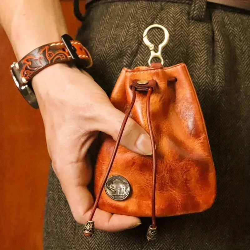JSERYISGN Mini Soft Cowhide Waist Pouch | Retro Design, Doubles as Coin Purse & Keychain | Unisex Brown & Orange Belt Bag