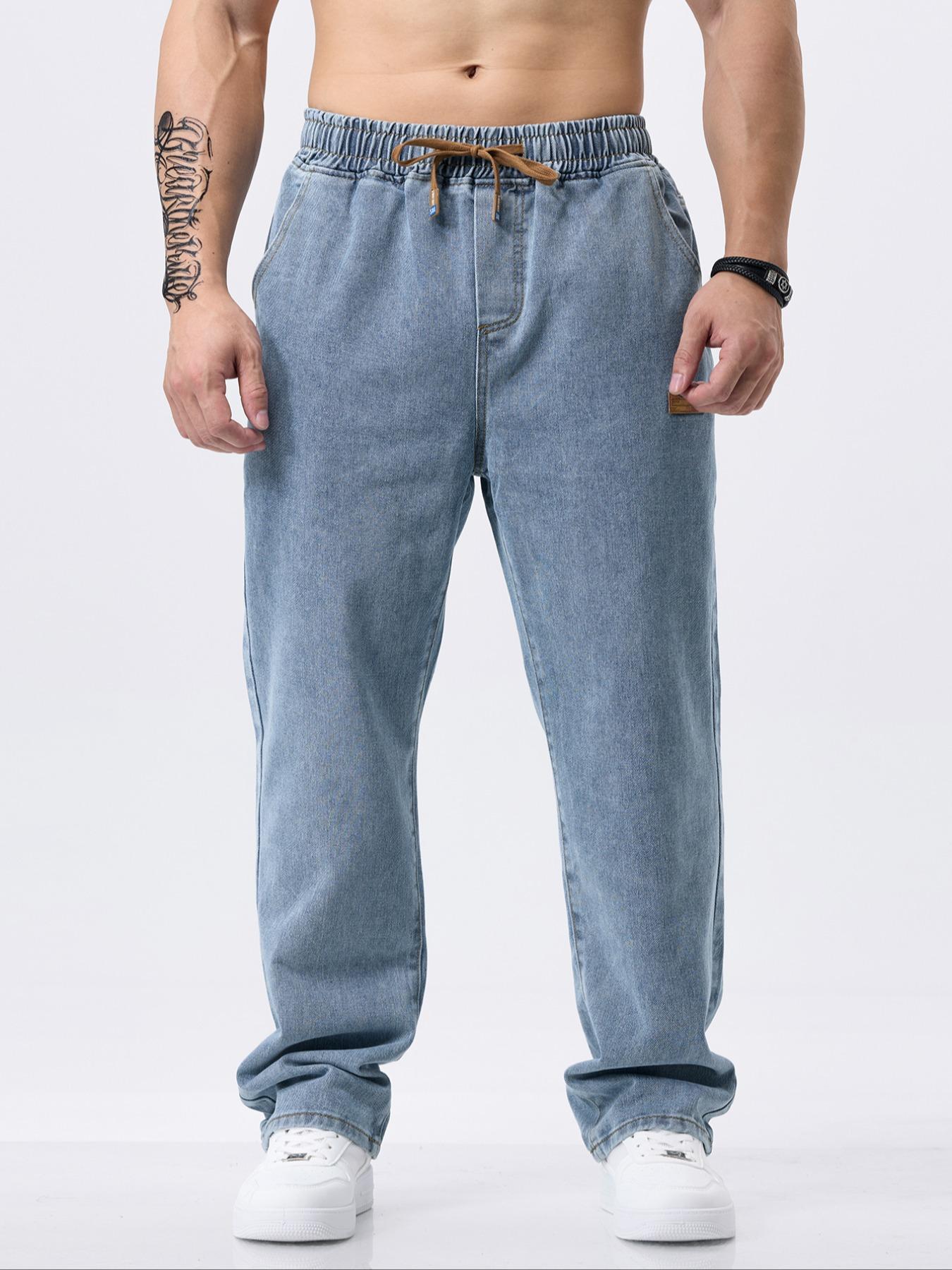 Men's Drawstring Elastic Waist Washed Straight Leg Jeans, & Blue, 2 Piece Set, Casual Daily Wear, All Seasons