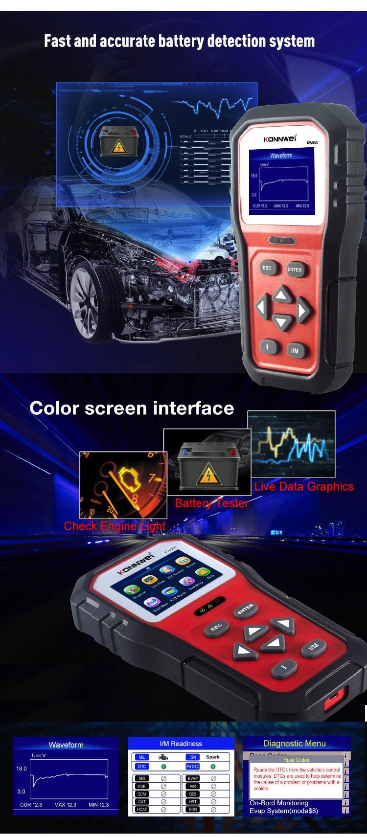 KONNWEI KW860 Unique OBD2 Scanner Code Reader, OBD2 Car Diagnostic Tool, Engine Fault Diagnosis, Can Scan Instrument with I/m Preparedness
