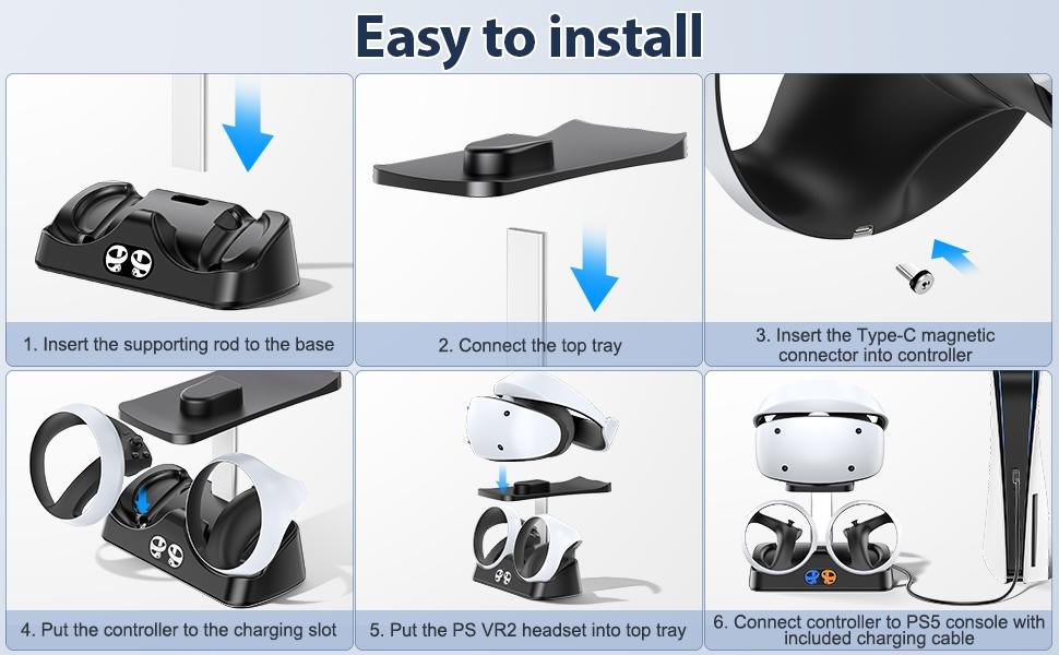 SUNDAY MIRTH Ps5 Vr2 Controller Charging Station with VR Headset Stand, Includes LED Indicator and 2 Magnetic Clips, Essential VR Accessories for Ps Vr2