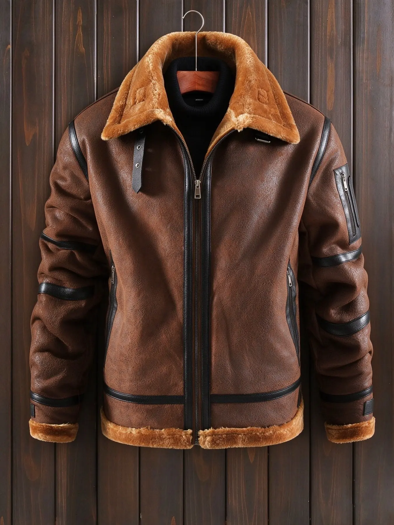 Men's Flight Jacket, Vintage Motorcycle Style, Fleece Lined Warm Winter Outerwear, Multiple Zip Pockets, Outdoor Casual Men's Clothing, Various Sizes