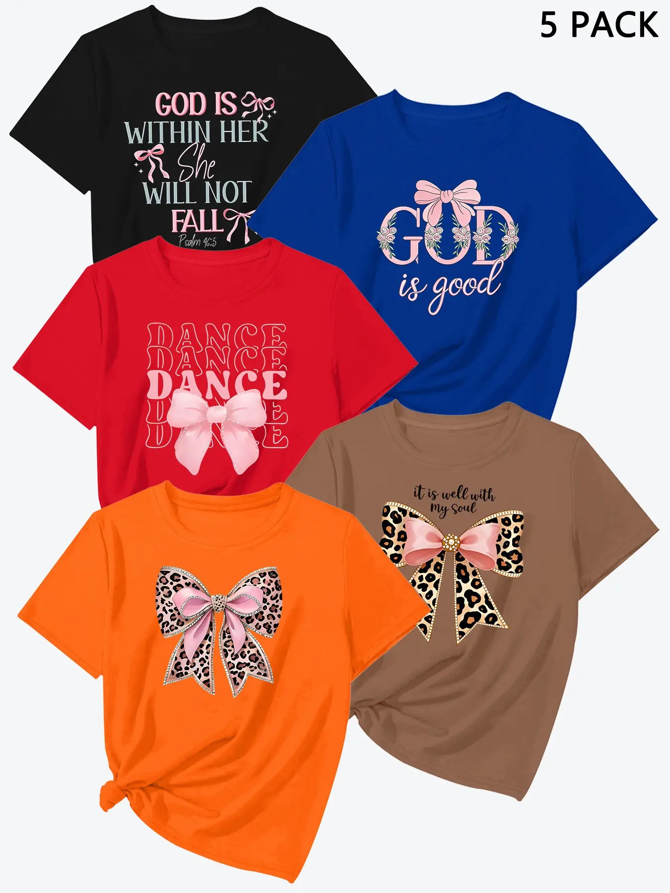 Summer New Butterfly Print Short Sleeve, High-Quality Women's Sport T-Shirt Set of 5, Casual Fashion Top, Classic Ladies' Shirt