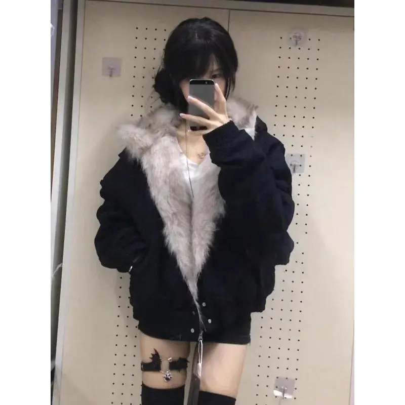 Faux Fur Coats Women American Vintage Jackets  Long Sleeve Hooded Office Lady Trench Winter Clothes Y2k Grey Jackets Streetwear