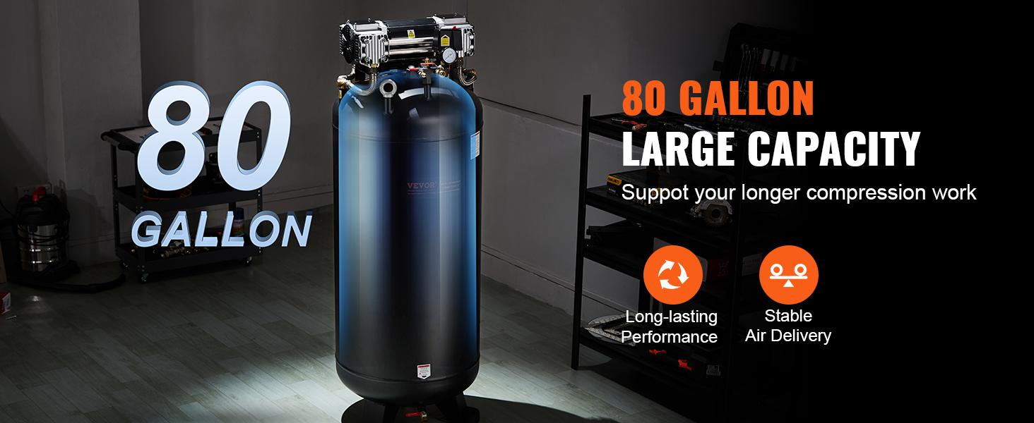 VEVOR 80 Gallon Air Compressor, 6.5HP 15.5SCFM90 PSI, 145PSI Oil Free Stationary Air Compressor Tank, 86dB Ultra Quiet Compressor for Industrial Manufacturing, Construction Sites, Auto Repair