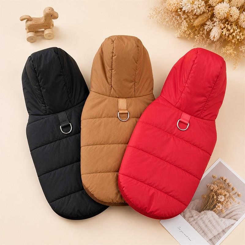 Warm Hooded Pet Coat for Dogs and Cats, Fall Winter Outdoor Jacket, Easy-On Design,  Harness Loop, Comfortable Fit, Multiple Colors