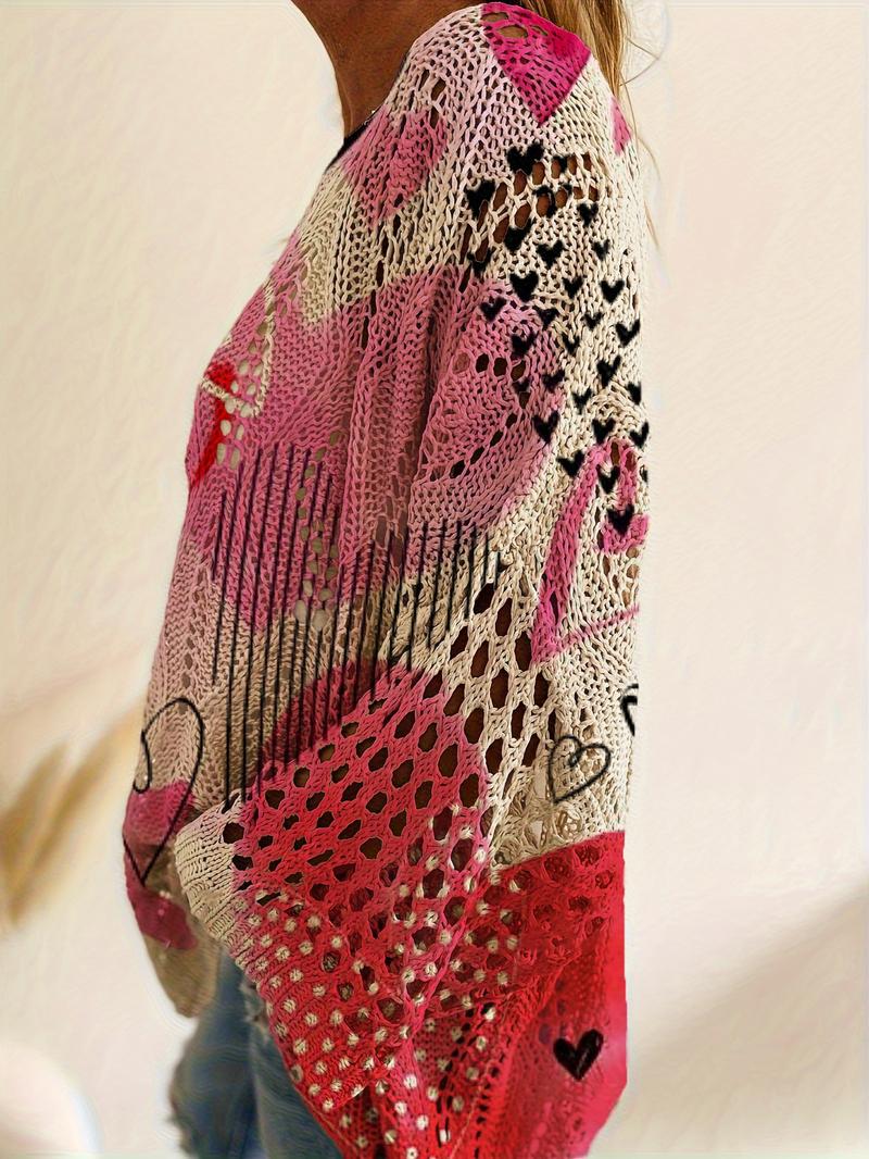 Women's Casual Knit Top, Heart Pattern Long Sleeve Sweater, Loose Fit Batwing Shoulder Design, Spring Summer Fashion