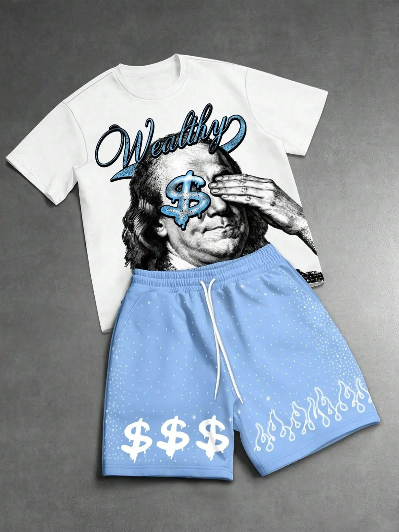 American Hip-Hop Franklin Print Men's Short Sleeve Set, Trendy Money Symbol Casual Two-Piece, Loose-Fitting Suit
