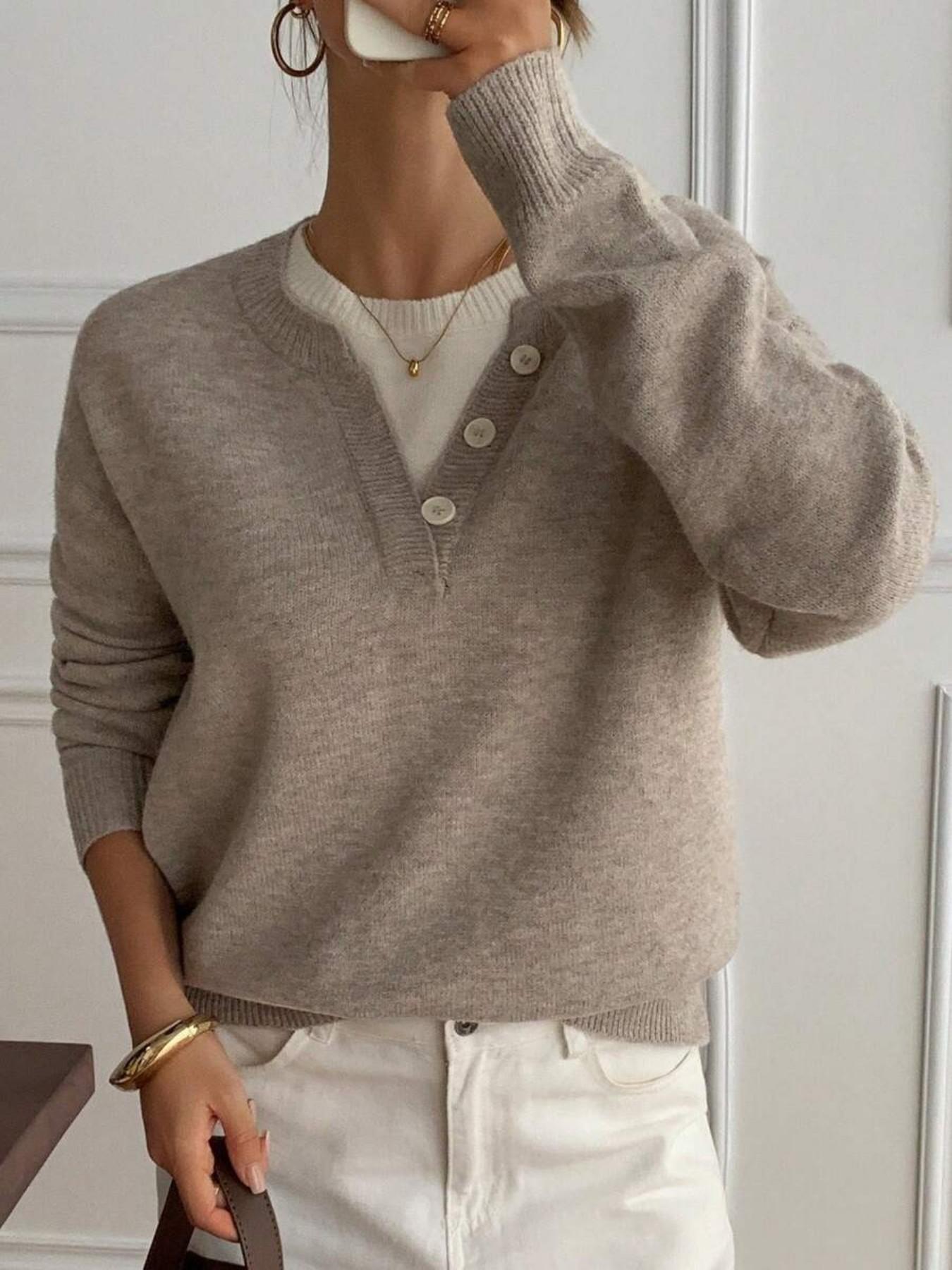 Women's Henley Neck Button Front Color Block Long Sleeve Vintage Chic Pullover Sweater, Knitwear, Knitting, Autumn Winter Casual Loose Fit 2 In 1 Sweater Top For Fall, Fashion Soft Daily Work Street Cute Daily Knitted Top for Women Collared Knit Top