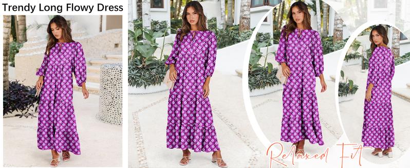 ANRABESS Womens Boho Maxi Dresses 2025 Summer V Neck Puff Sleeve Floral Flowy Swing Casual vacation Long Dress Boho Sundress Plus size Maxidresses Outdoor Womenswear