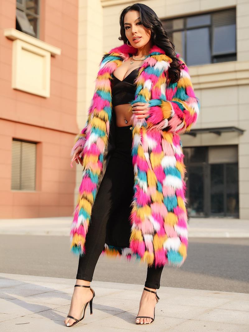 Women's Colorblock Faux Fur Jackets, Street Fashion Long Sleeve Coat for Daily Outdoor Wear, Women Clothing for Fall & Winter, Jackets, Fashion Casual Outerwear