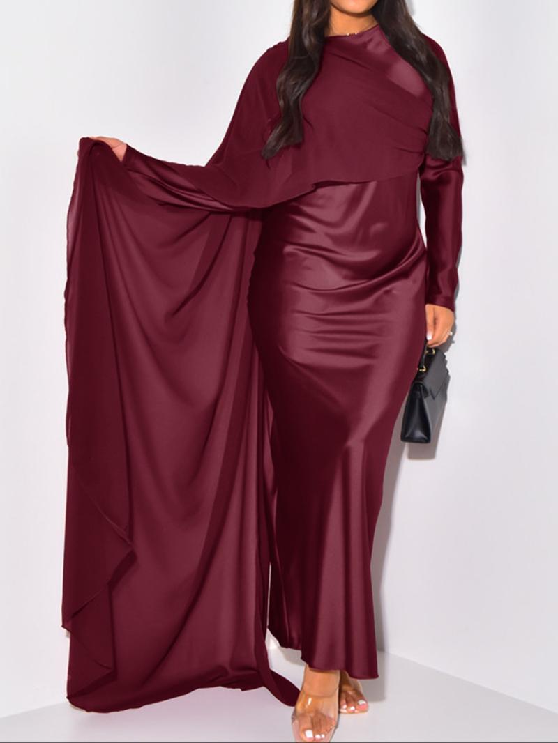 Pure Color Elegant Fashion One-Shoulder Cape Long Sleeve Dress, Fitted Style, Plain Pattern, Long Dress Length, Women's Clothing