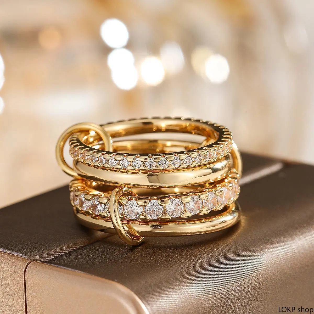 Women's 2-Tone Interlocking Stacked Sparkling CZ Band - Metal-Coated Costume Fashion Ring for Promise, Wedding Occasions