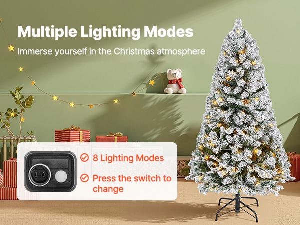 VEVOR Christmas Tree, 4ft Prelit Flocked Artificial Tree, Full Holiday Xmas Deco Trees with 120 Warm White LED Lights, 8 Lighting Modes 539 Branch Tips for Home Party Office Decoration