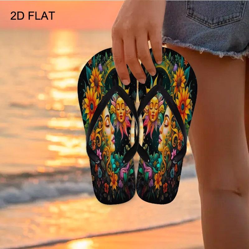 Women's Flip - Flops, Multiple Colors & Sizes Available, Floral Celestial Art Design, Comfortable Lightweight, for Daily Wear & Beach, Stylish Fashion Sandals for Ladies, Women Shoes