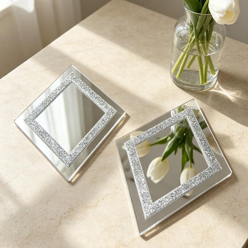 Silver diamond-shaped wall mirror, wall mounted mirror, decorative crystal-studded mirror, suitable for bedrooms, living rooms, and hallways, home decor