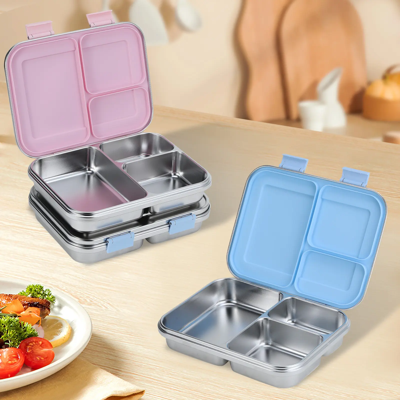 Stainless Steel Lunch Box with 3 Stickers, 3 Compartments Leak-proof Bento Box, Large Capacity Lunch Box for School & Office