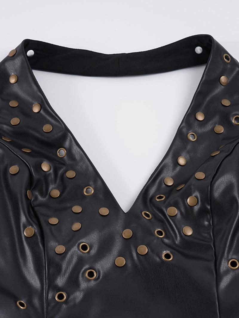 Vintage Street Style Antique Studded Copper Grommet Eyelet Backless PU Leather Halter Top for Women, Sleeveless Slim Fit Short Vest