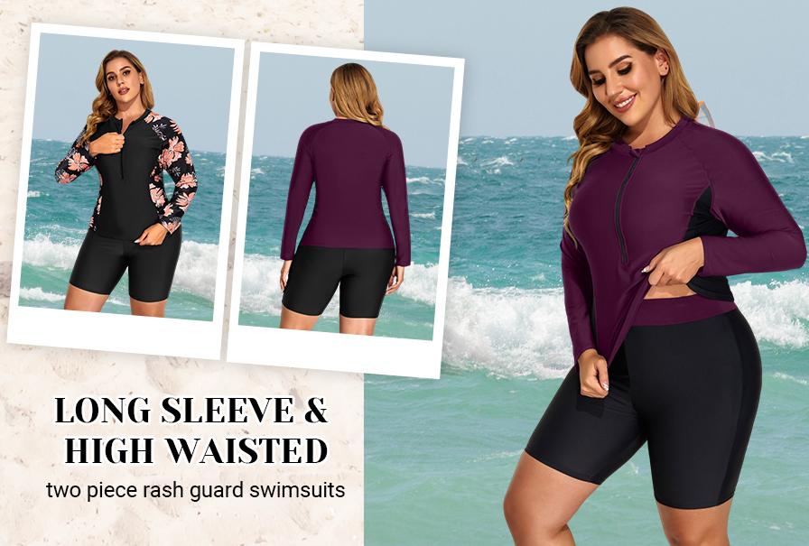 Daci Women Two Piece Plus Size Long Sleeve Rash Guard Bathing Suit Zip Front Athletic Boy Shorts Tankini Swimsuits UPF 50 Daci Women Two Piece Plus Size Long Sleeve Rash Guard Bathing Suit Zip Front Athletic Boy Shorts Tankini Swimsuits UPF 50