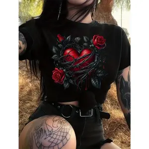 Women's Gothic Bat Wing & Rose T-Shirt with Thorns - Black & Red Heart Print Short Sleeve Top, Medium-Stretch Machine-Washable Fabric for all- Wear, Gothic Outfits, Bat Wing Suitable for Daily Outfits or Halloween Costumes - Trendy Women's Gift