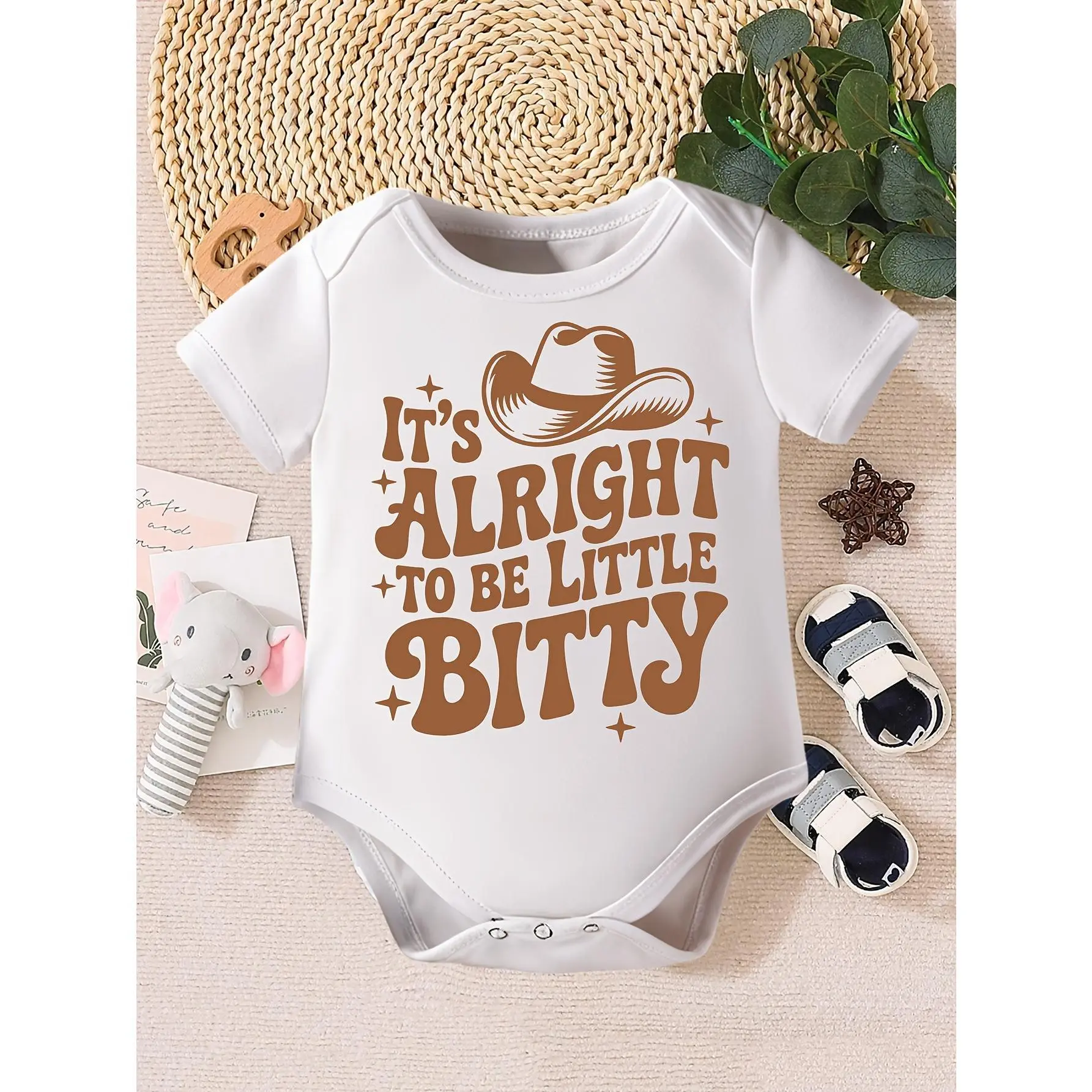 Infant Boys' Romper Jumpsuit - Minimalist "It's Alright to Be Little Bitty" Letter Print, Polyester-Elastane, Faux Denim Hat, Easy Snaps, Flexible Stretch, Outdoor Use, Newborn/0-3m/18m/0-2 Years/18-24 Months Kids' Fashion Top