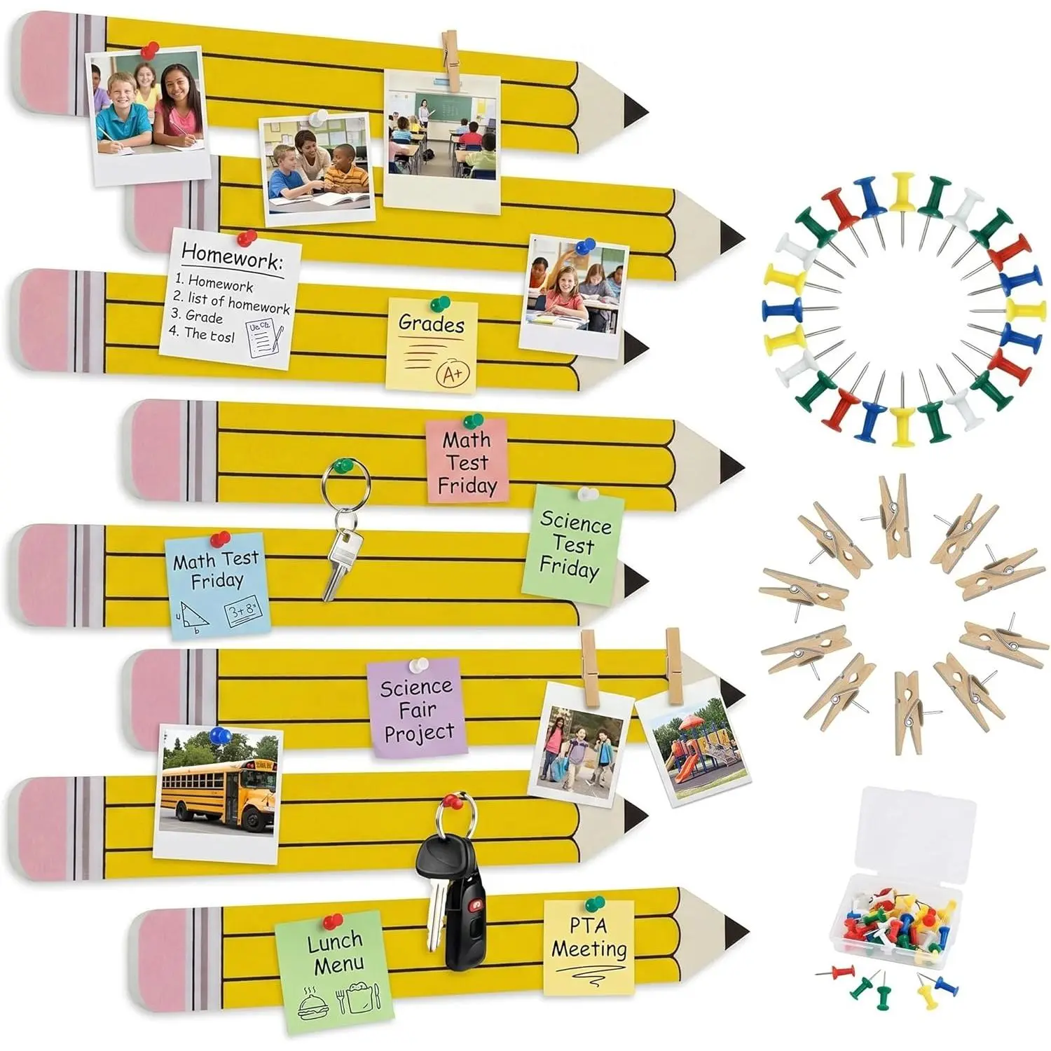 8 Pcs Pencil Shape Classroom Bulletin Board Bar Strips Self Adhesive Felt | Pin Board Cork Strips Decorations, Thumbtacks and Wooden Clips, for Back to School Classroom Office Decor