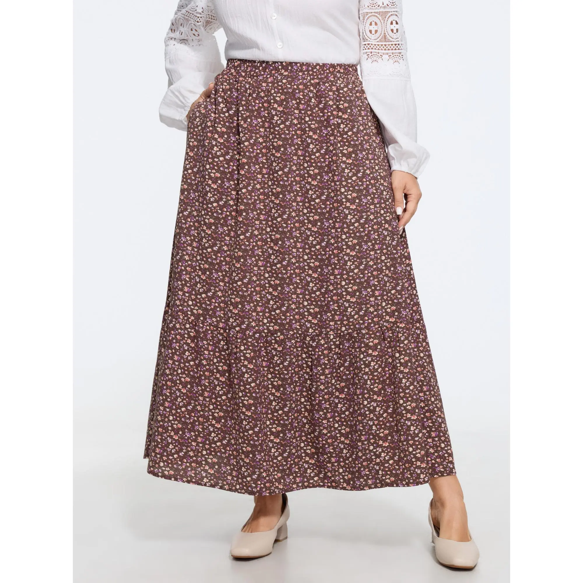 BLOOMCHIC Plus Size Ditsy Floral Print Elastic Waist Tiered Maxi Skirt