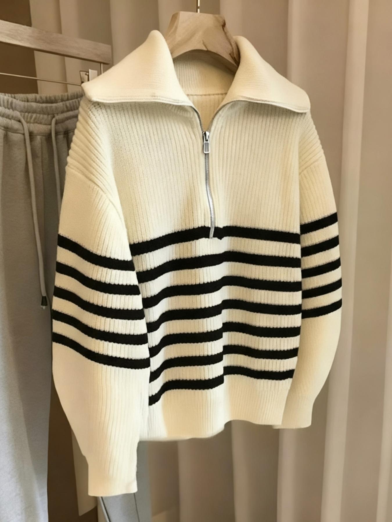 Autumn Winter Striped Zipper Collar Pullover Sweater, Fashion Casual Loose Fit Knitwear, Versatile Long Sleeve Top for Men & Women