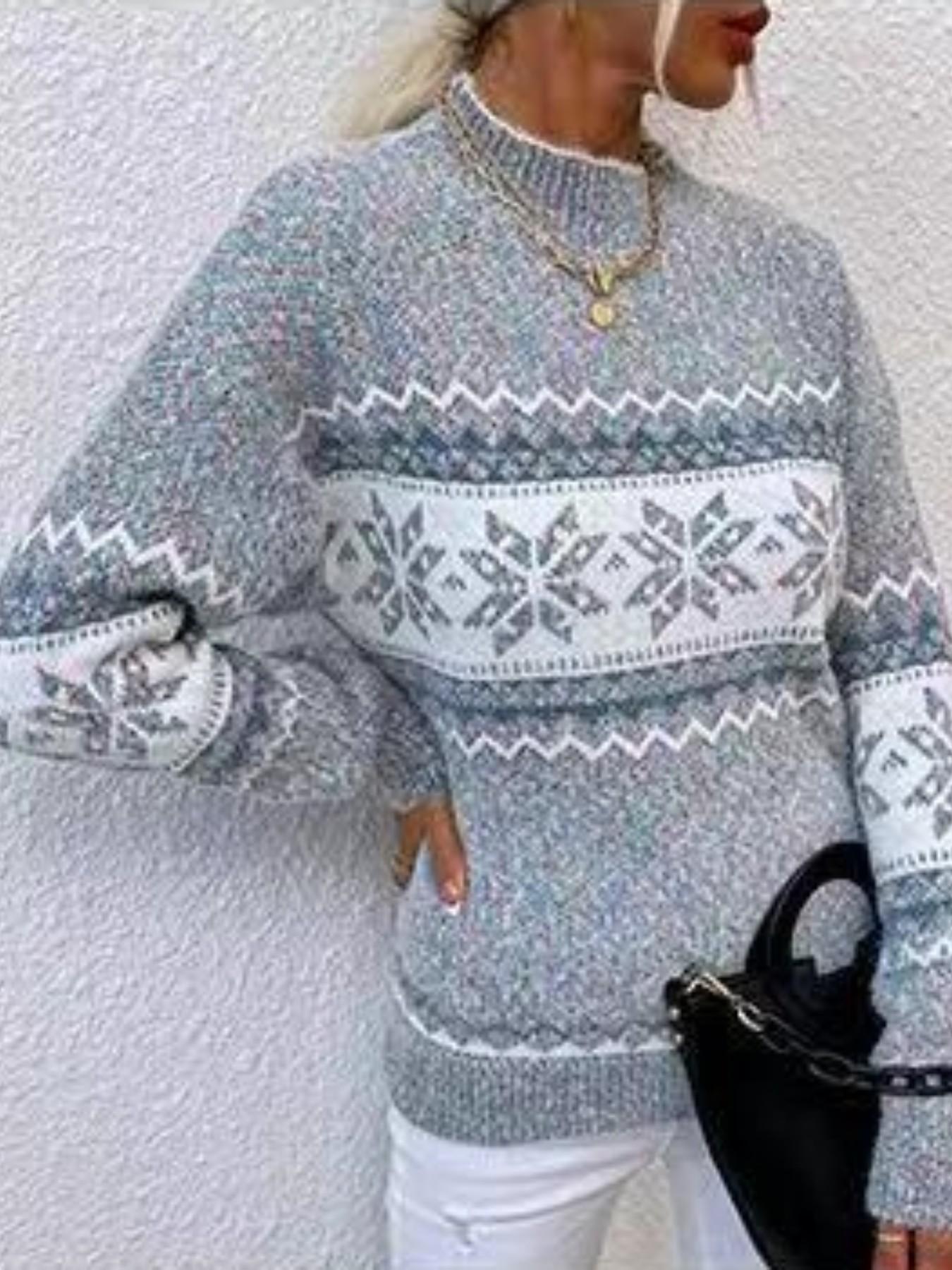 1 Piece 2026 Fall Winter New Knit Sweater, European American Lazy Style, Thick Warm Chenille Fabric, Mock Neck Long Sleeve Snowflake Jacquard Oversized Top, Women Christmas Party Commute Casual Pullover