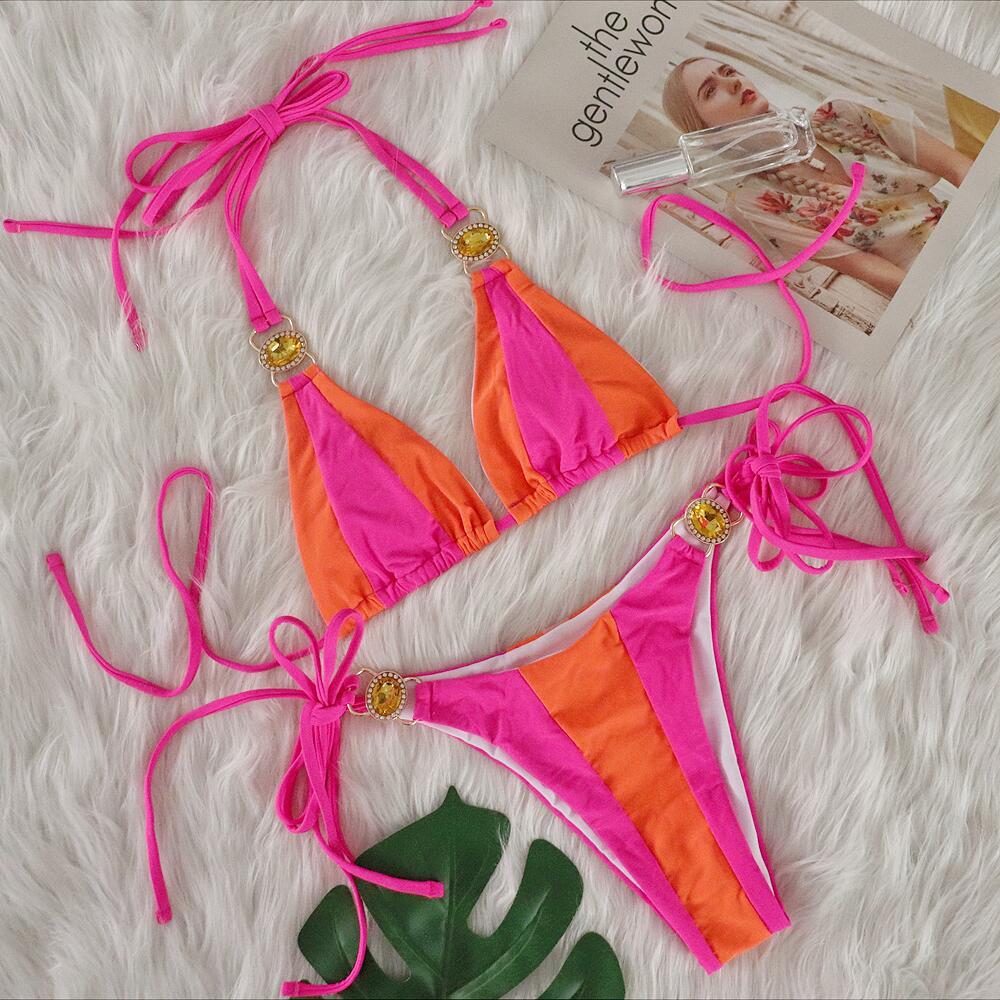 Women's Pink Mint Color Block Halter Bikini Two Piece Swimsuit, Triangle Top With Emerald Rhinestone Metal Hardware, Side Tie String Bikini Bottom, Contrast Color Tropical Beach Bathing Suit for Summer Vacation Pool