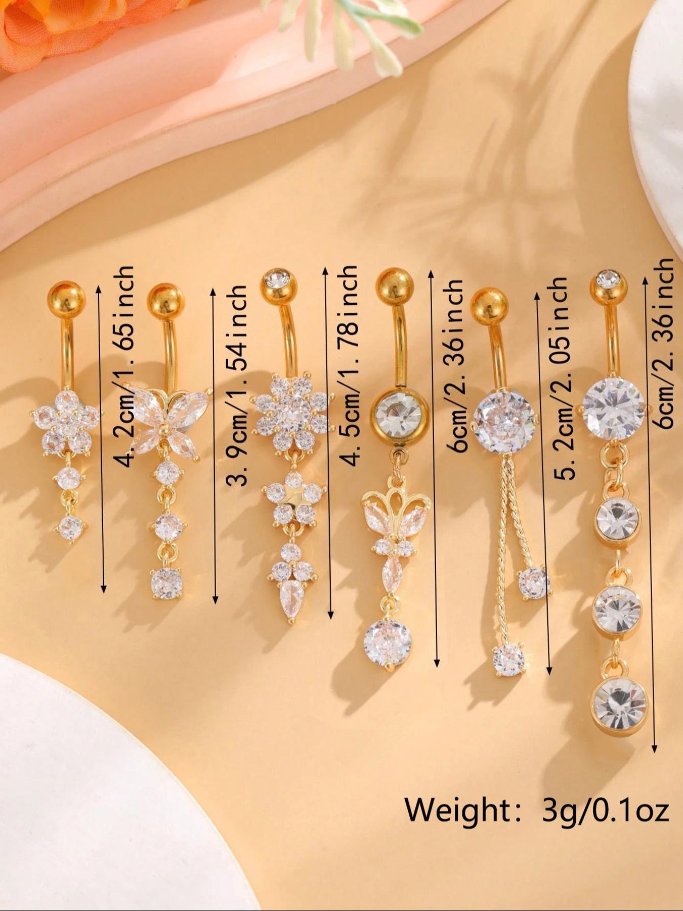 Women's Elegant Butterfly & Flower Design Belly Rings, Stainless Steel Belly Button Rings, Cute Trendy Belly Piercing Jewelry, Fashion Body Jewelry, Artificial Zircon for Party & Daily Decor