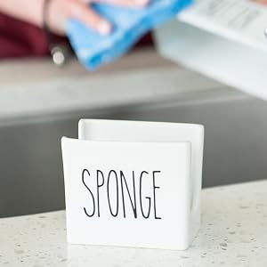 Porcelain Sponge Holder for Kitchen Sink, Compact Ceramic Black and White Dish Sponge Caddy for Kitchen Counter Storage Organization and Cute Kitchen Decor