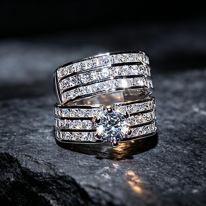 2‑Pcs Round Solitaire Bridal Ring Set, Wide Baguette Pave Engagement Ring + V‑Shape Matching Band, Glam Fashion Ring for Ladies Holiday Photoshoot Present